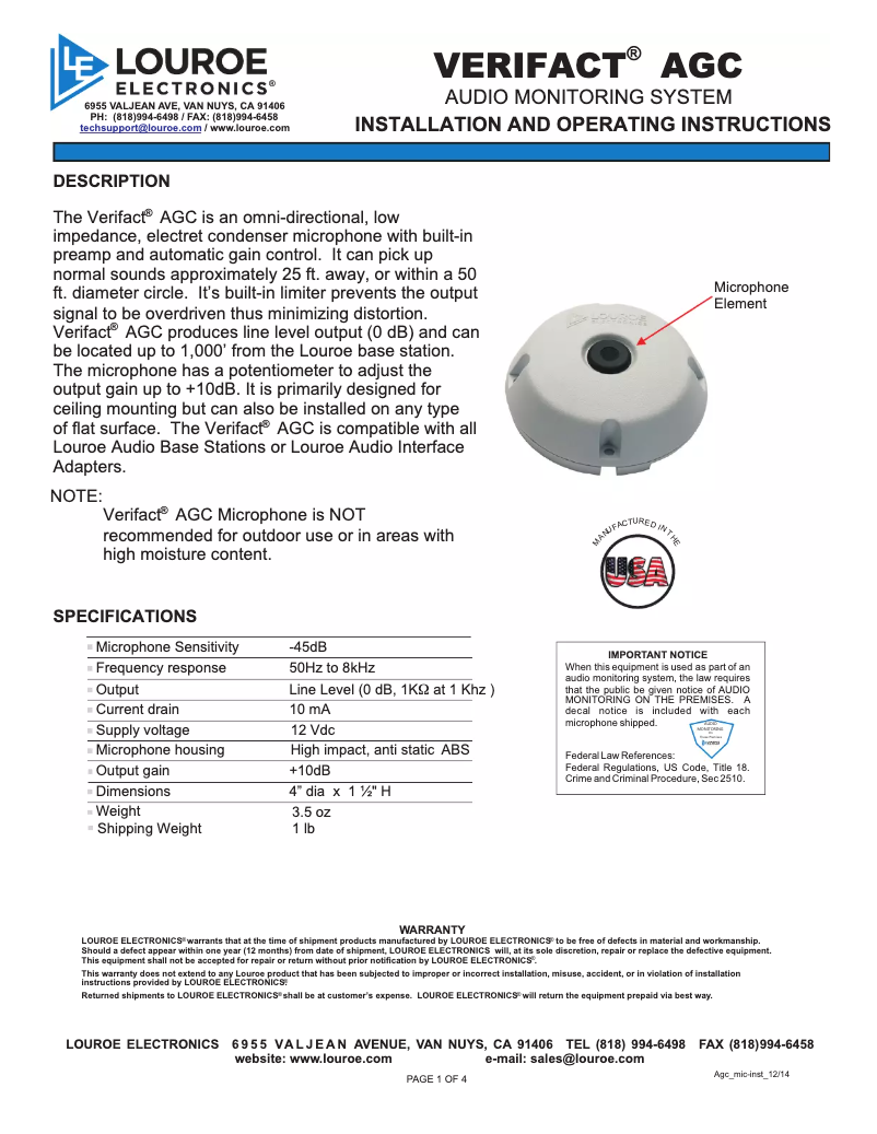 Page 1 de la notice Manuel utilisateur Louroe Electronics Verifact AGC