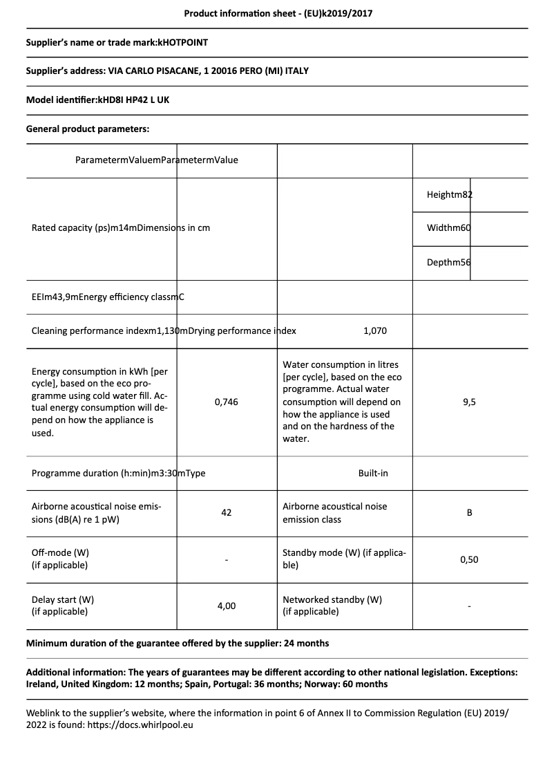 Page n°1 - Fiche technique Hotpoint HD8I HP42 L UK