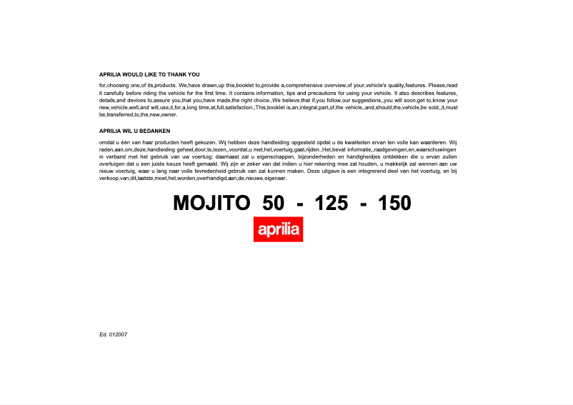 Page 1 de la notice Manuel utilisateur Aprilia Mojito 125 (2006)