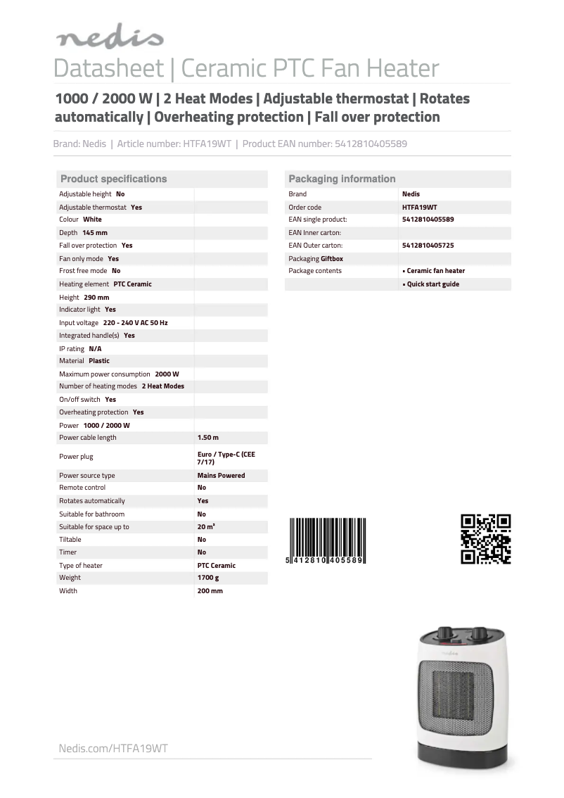 Page 1 de la notice Manuel utilisateur Nedis HTFA19WT