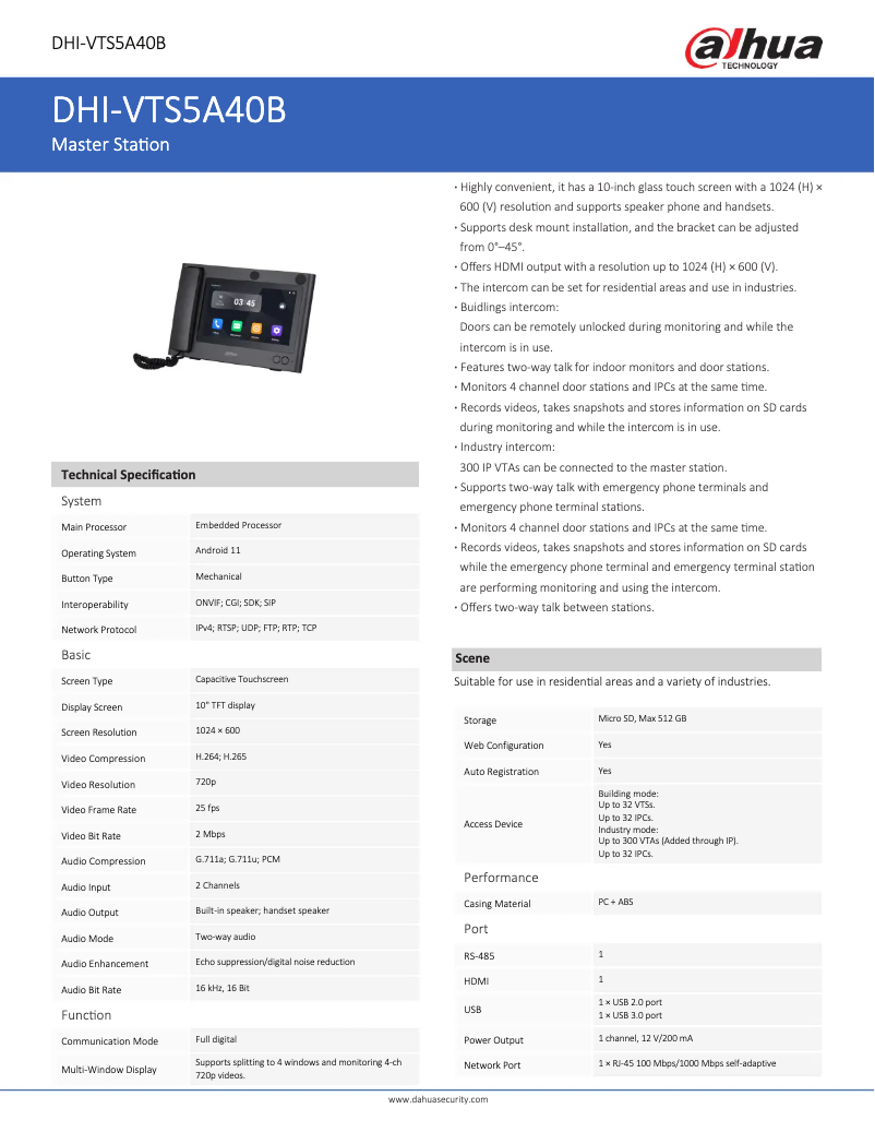 Página 1 del manual Ficha técnica Dahua Technology VTS5A40B