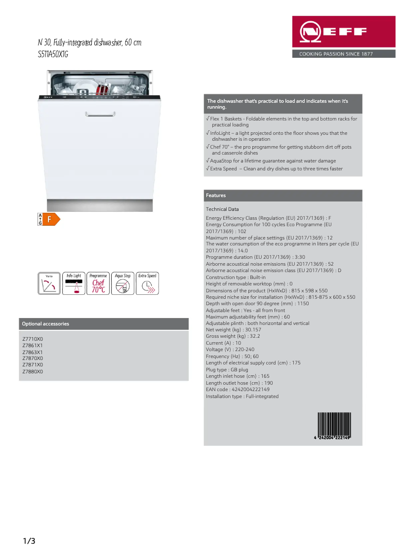 Page n°1 - Fiche technique Neff S511A50X1G