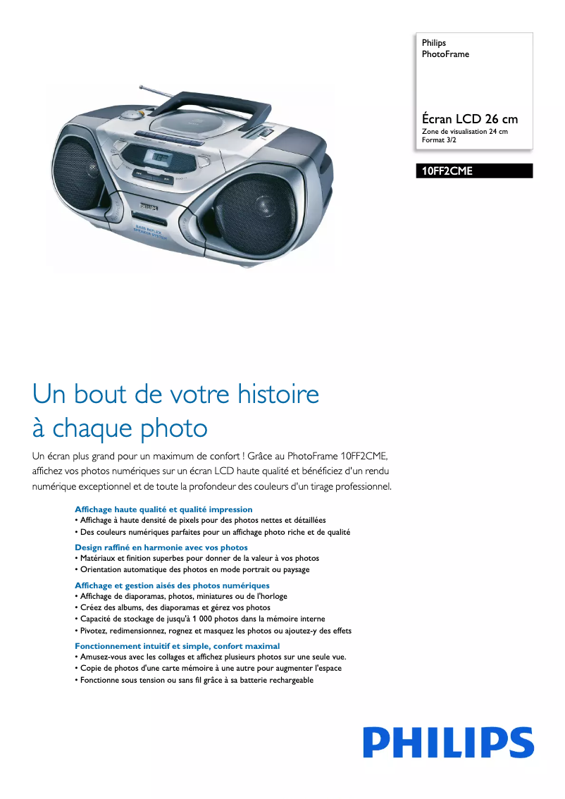 Page 1 de la notice Fiche technique Philips PhotoFrame 10FF2CME