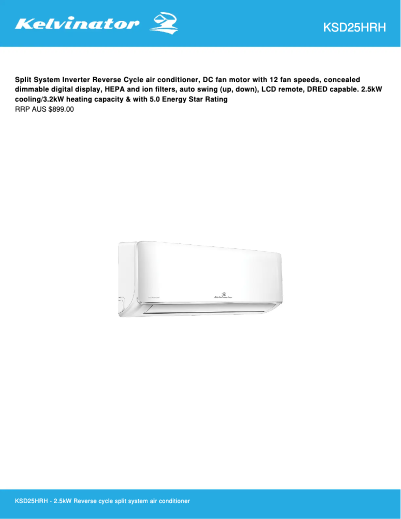 Page 1 de la notice Fiche technique Kelvinator KSD25HRH