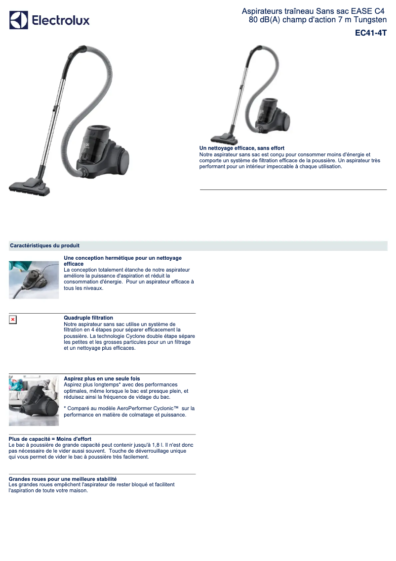 Page 1 de la notice Fiche technique Electrolux EC41-4T