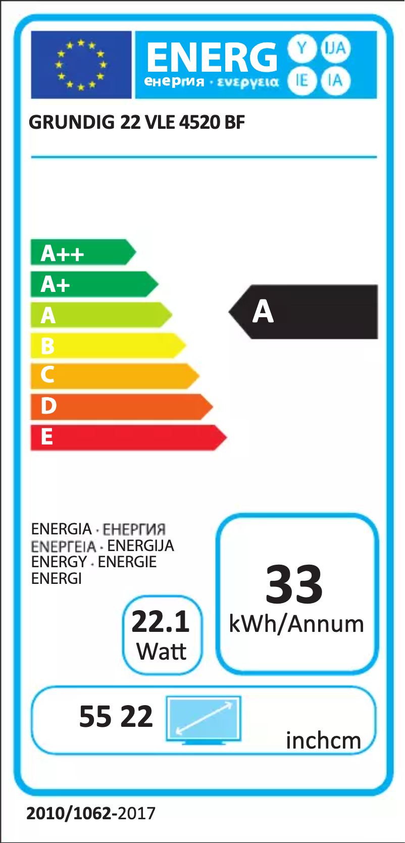 Page 1 de la notice Label énergétique Grundig 22 VLE 4520 BF