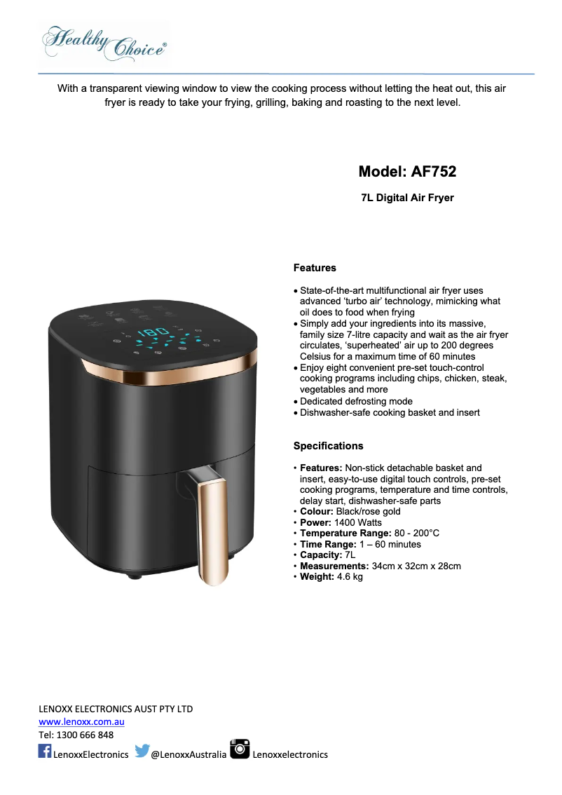 Page n°1 - Fiche technique Healthy Choice AF752