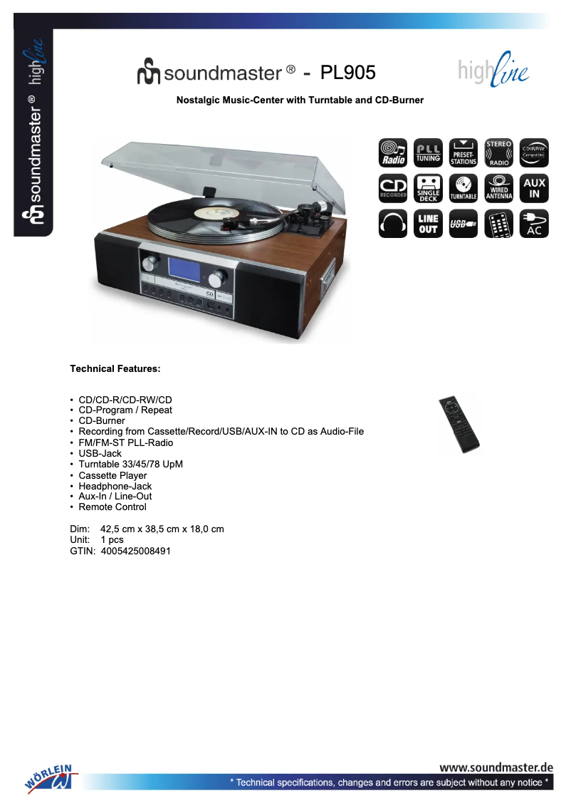Page 1 de la notice Fiche technique Soundmaster PL905