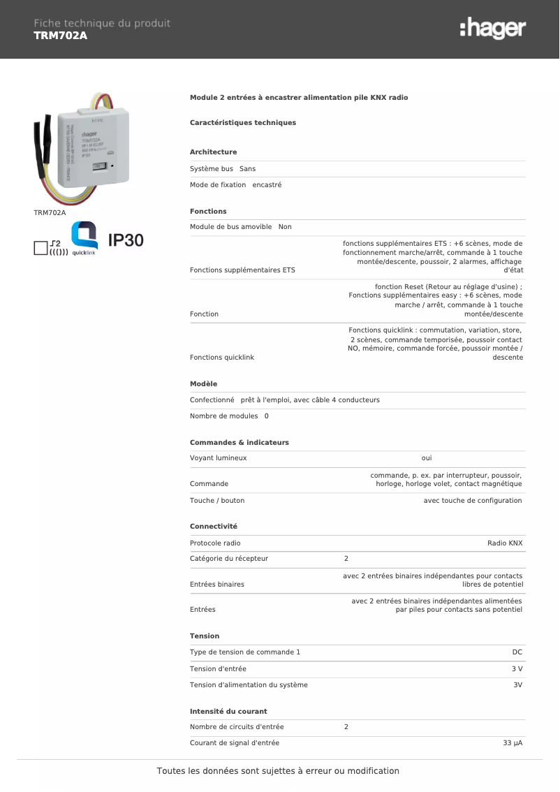 Page n°1 - Fiche technique Hager TRM702A