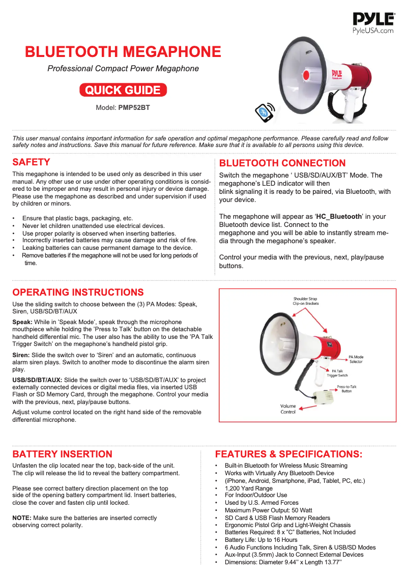 Page 1 de la notice Manuel utilisateur Pyle PMP52BT