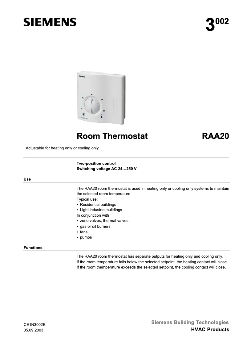 Image de la première page du manuel de l'appareil Landis & Staefa RAA20