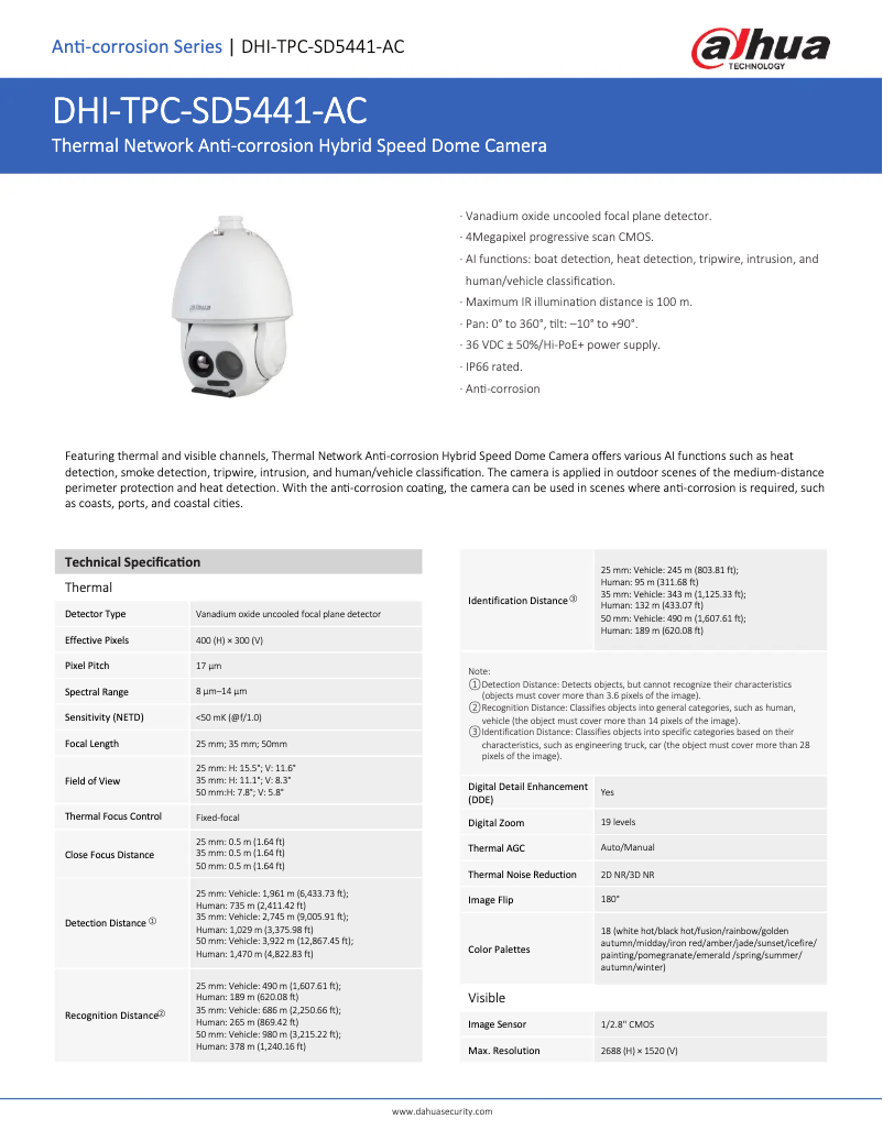 Page 1 de la notice Fiche technique Dahua Technology TPC-SD5441-AC