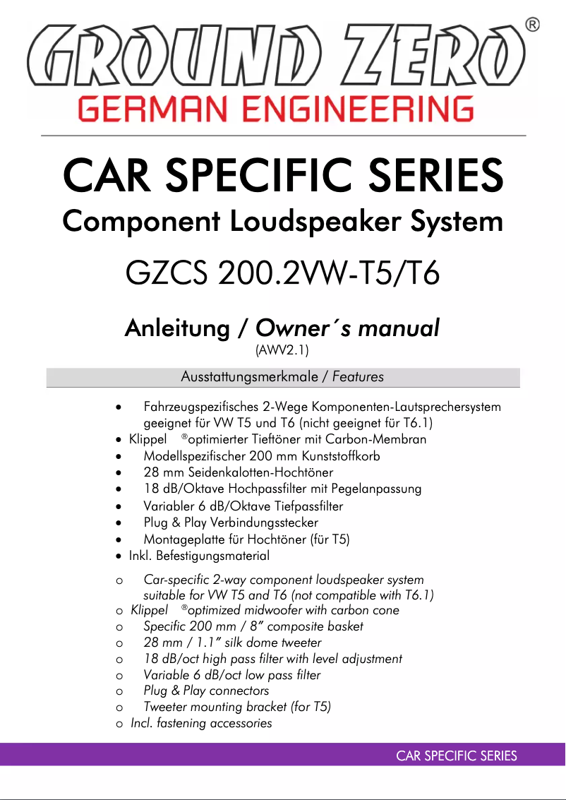 Page 1 of the manual User Manual Ground Zero GZCS 200.2VW-T5/T6