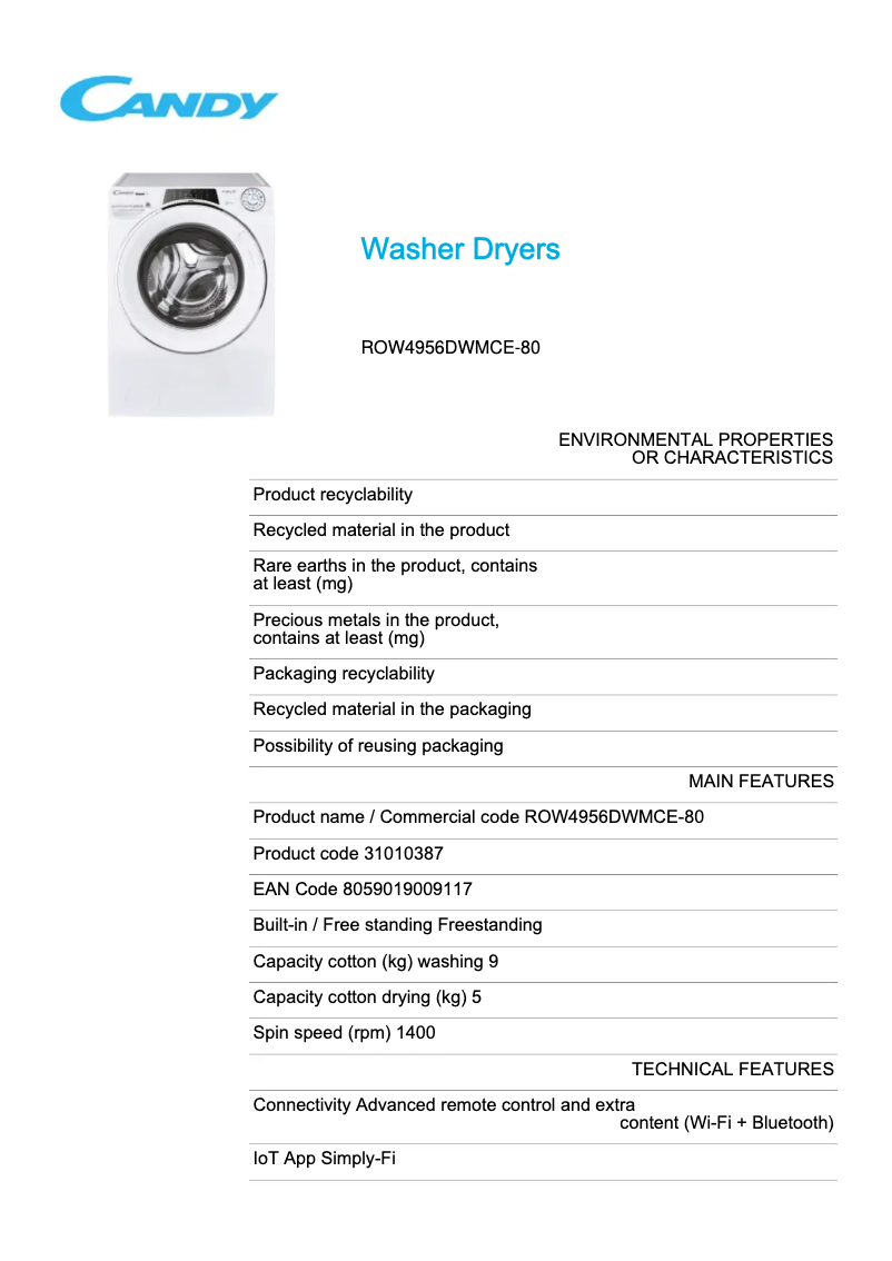 Page 1 de la notice Fiche technique Candy ROW4956DWMCE-80