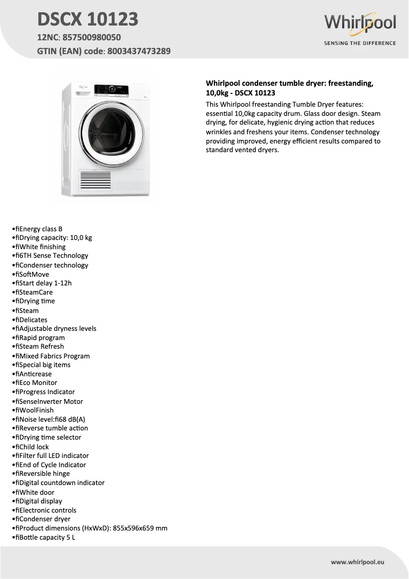 Página 1 del manual Ficha técnica Whirlpool DSCX 10123