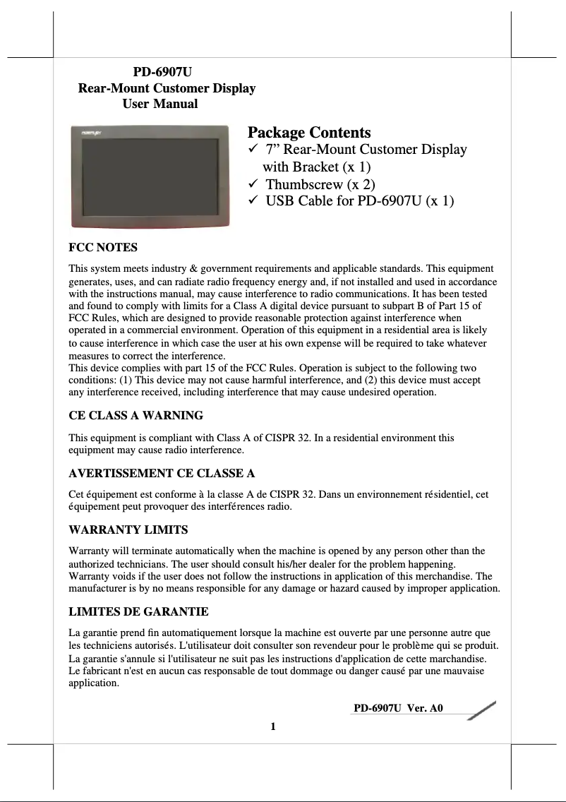 Page 1 de la notice Manuel utilisateur Posiflex PD-6907U