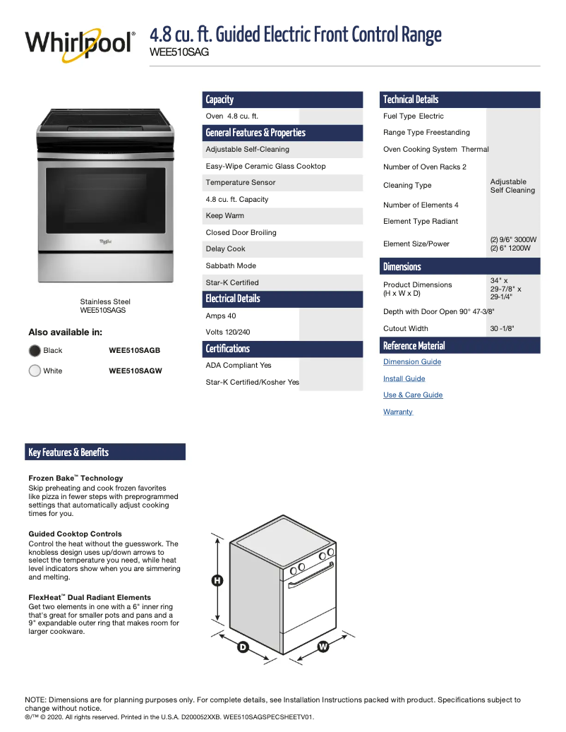 Page 1 de la notice Fiche technique Whirlpool WEE510SAGS