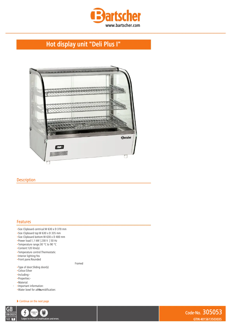 Page n°1 - Fiche technique Bartscher Deli Plus 305053