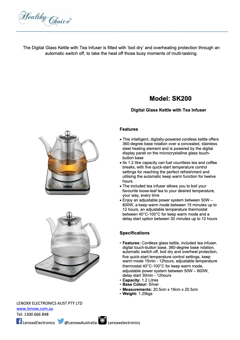 Page n°1 - Fiche technique Lenoxx Healthy Choice SK200