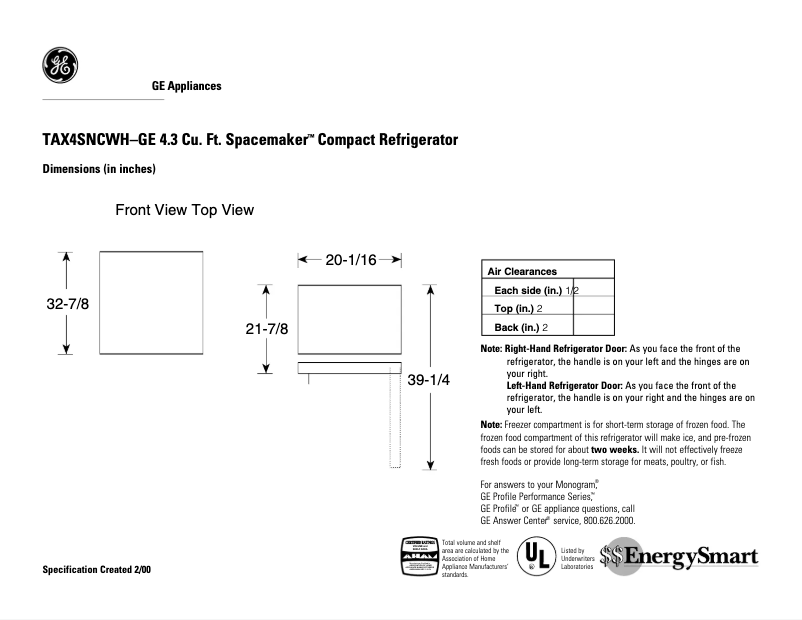 Page 1 de la notice Fiche technique GE TAX4SNCWH