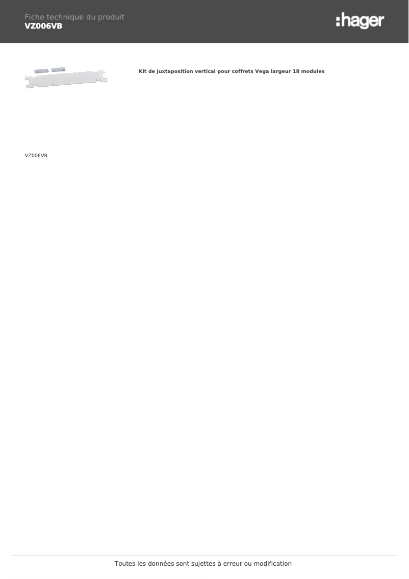 Page 1 de la notice Fiche technique Hager VZ006VB