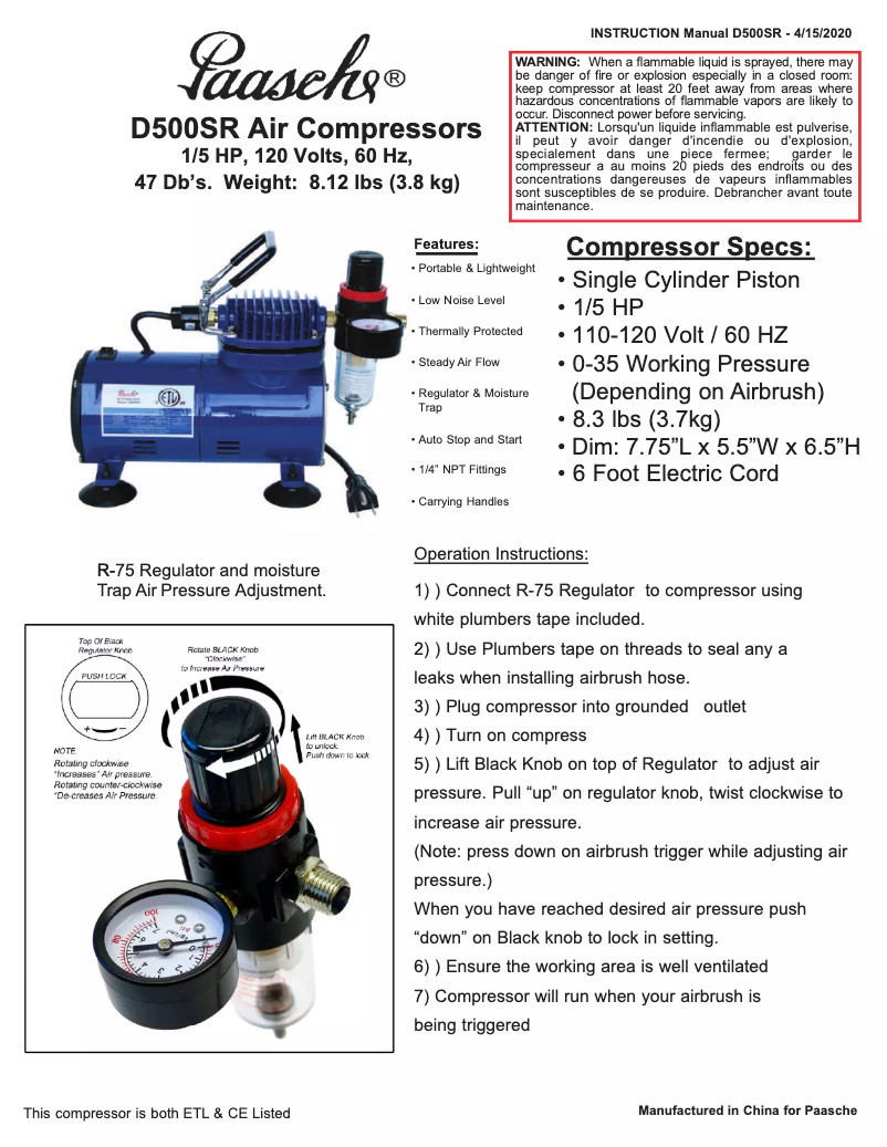 Page n°1 - Manuel utilisateur Paasche D500SR