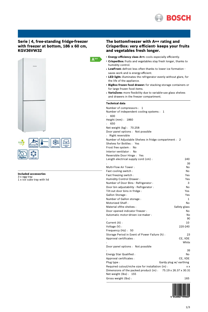 Página 1 del manual Ficha técnica Bosch KGV36VW32