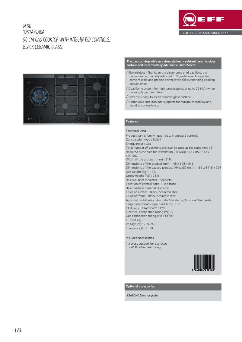 Page n°1 - Fiche technique Neff T29TA79N0A