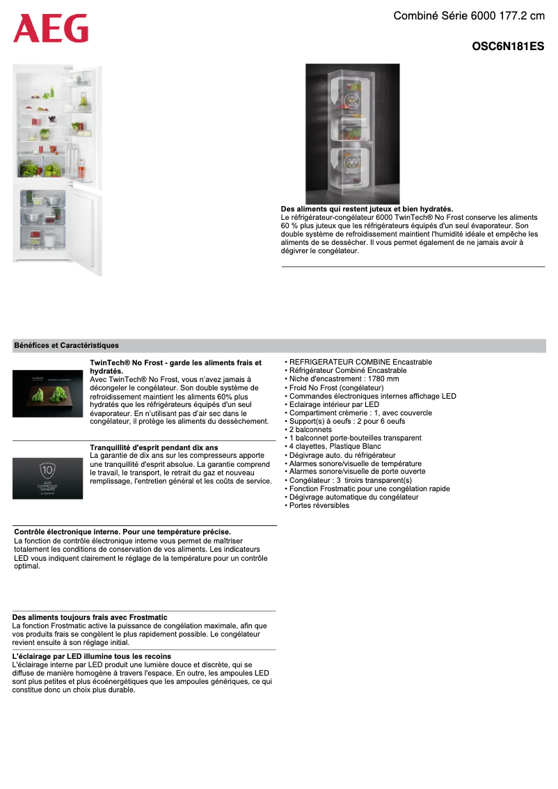 Page 1 de la notice Fiche technique AEG OSC6N181ES