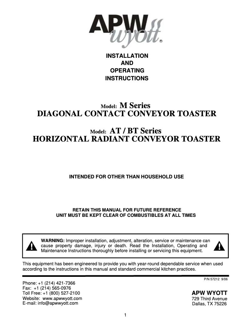 Page 1 de la notice Manuel utilisateur APW Wyott M-95