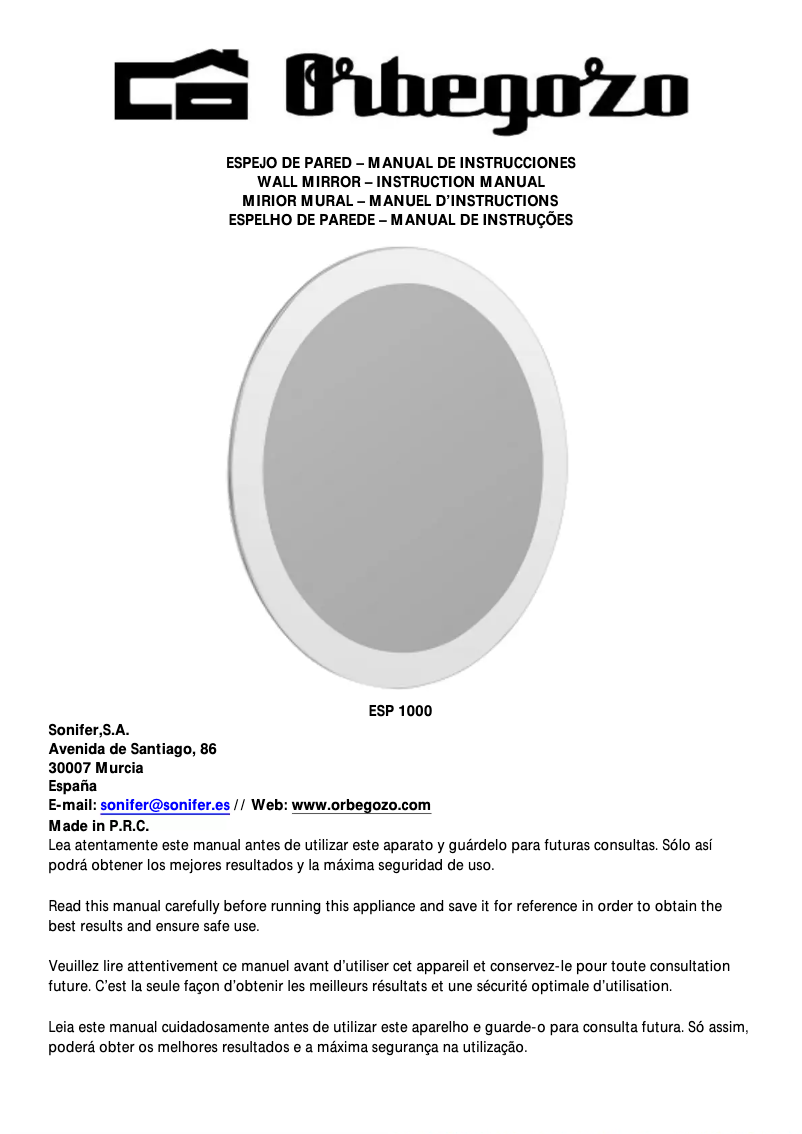 Page 1 de la notice Manuel utilisateur Orbegozo ESP 1000