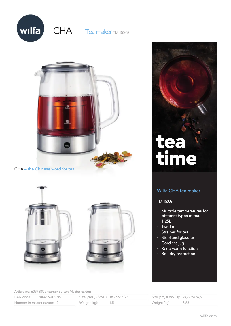 Page 1 de la notice Fiche technique Wilfa Cha TM-1500S