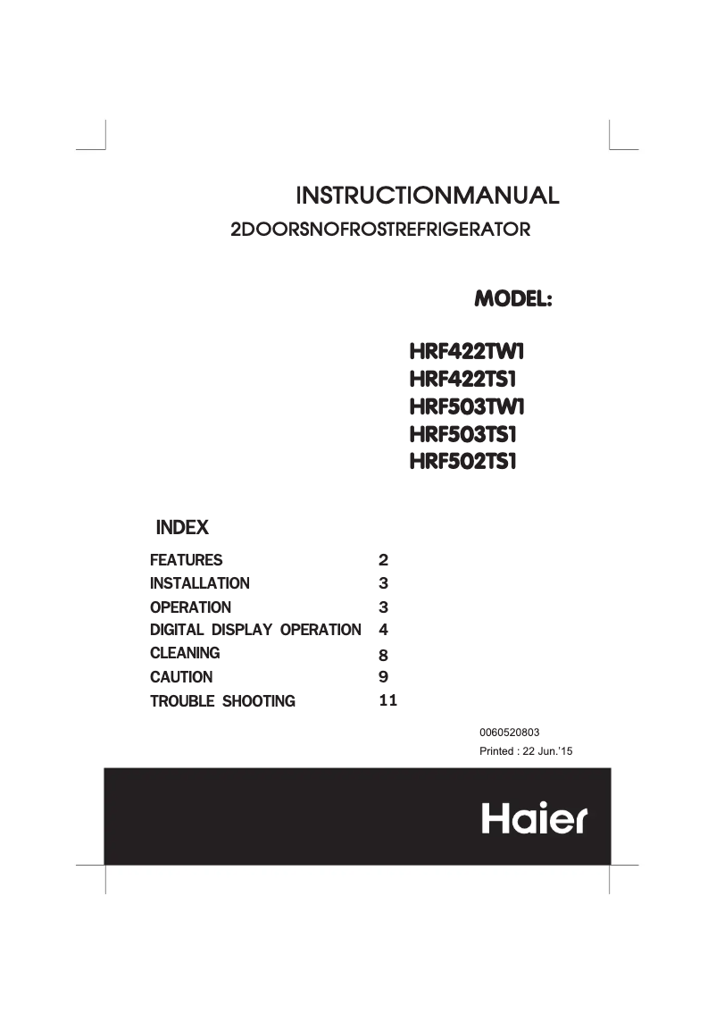 Page 1 de la notice Manuel utilisateur Haier HRF422TS1