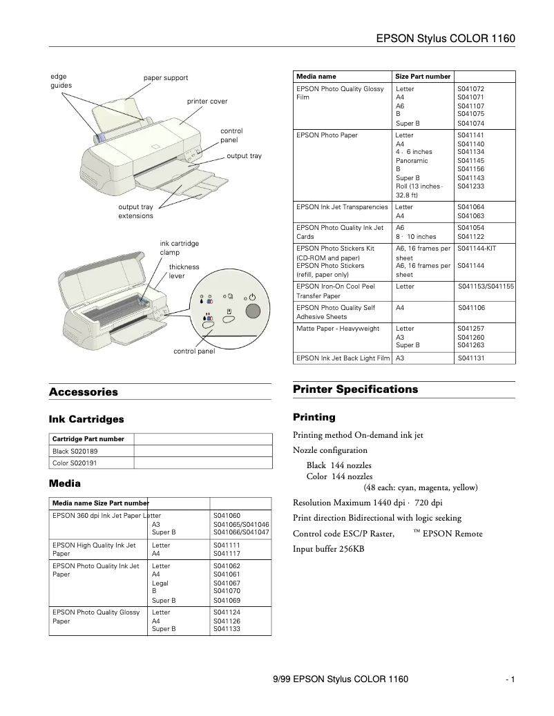 Page 1 de la notice Manuel utilisateur Epson Stylus Color 1160