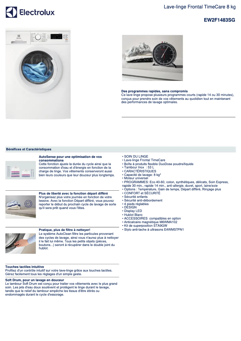 Page 1 de la notice Fiche technique Electrolux EW2F1483SG