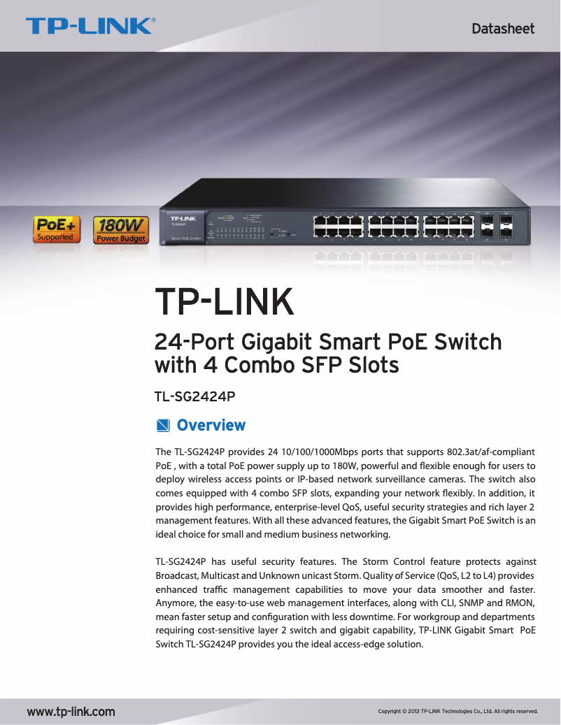 Página 1 del manual Ficha técnica TP-Link JetStream TL-SG2424P