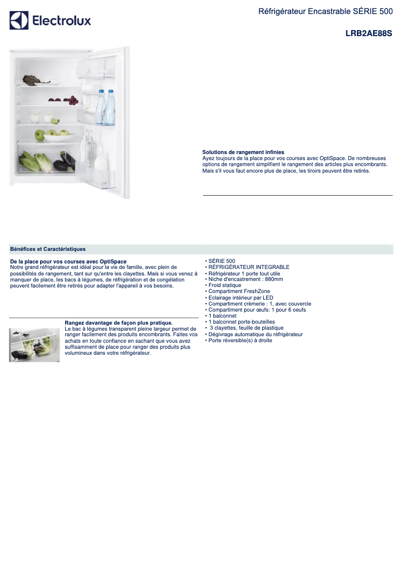 Page 1 de la notice Fiche technique Electrolux LRB2AE88S
