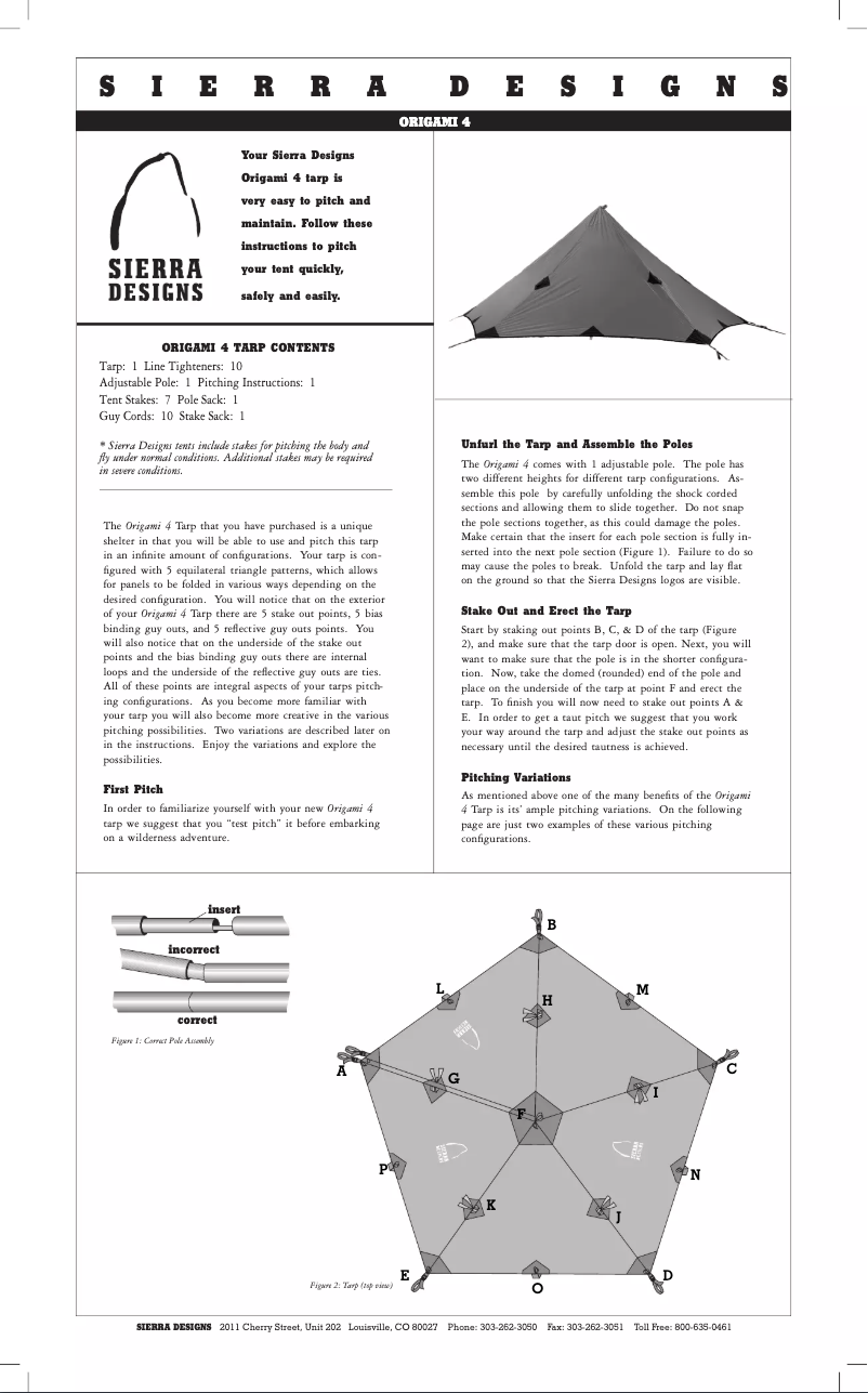 Page 1 de la notice Manuel utilisateur Sierra Designs Origami 4