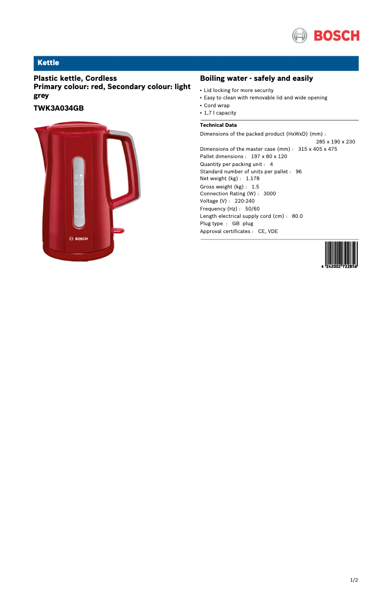 Page 1 de la notice Fiche technique Bosch TWK3A034GB