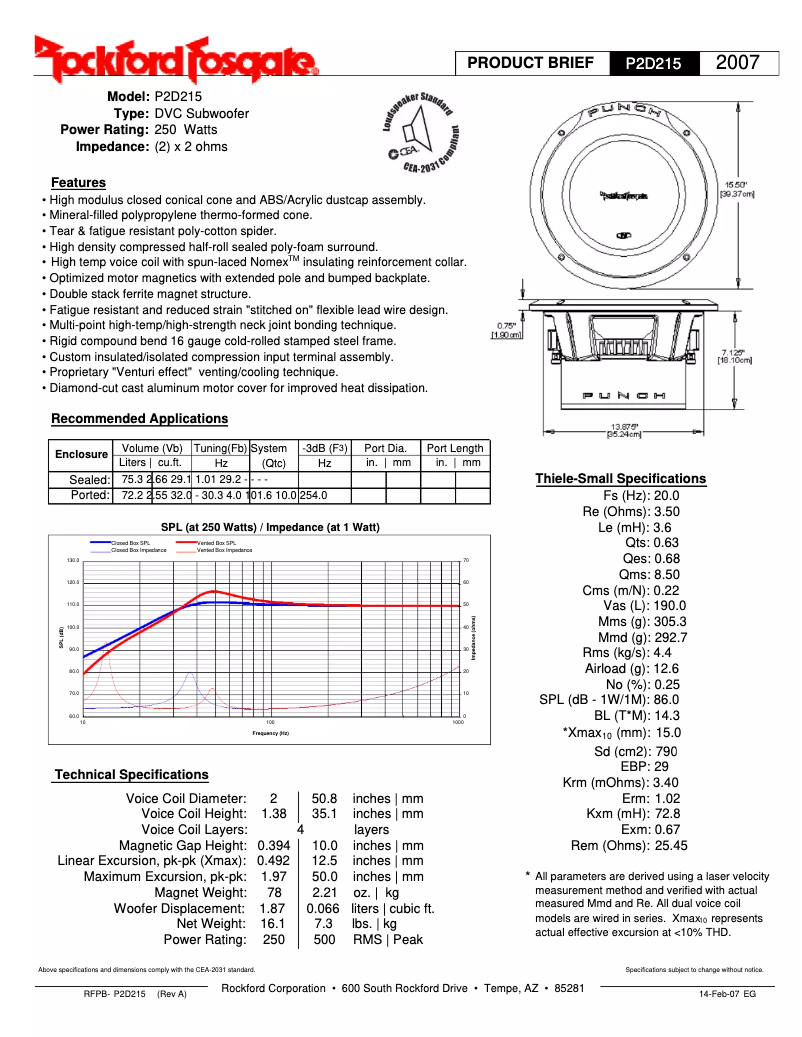 Page n°1 - Fiche technique Rockford Fosgate Punch P2D212