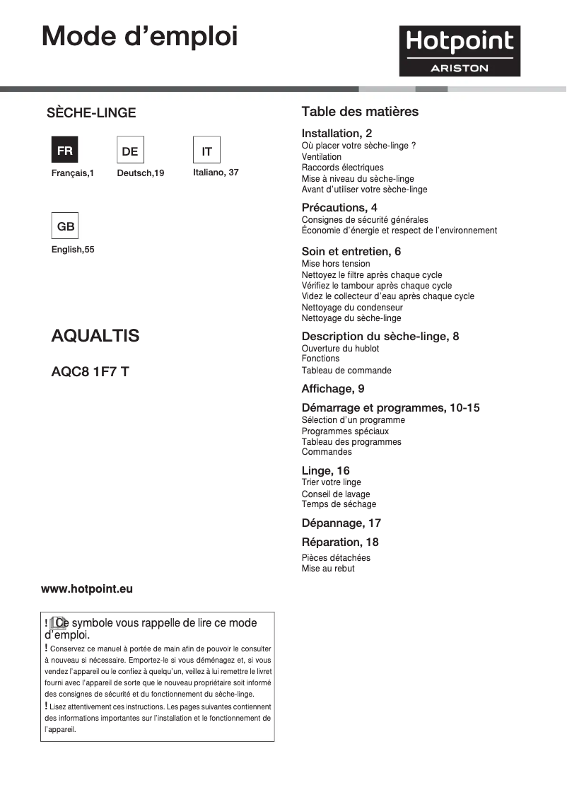 Page 1 de la notice Manuel utilisateur Hotpoint Ariston AQC8 1F7T1PLUS (EU)