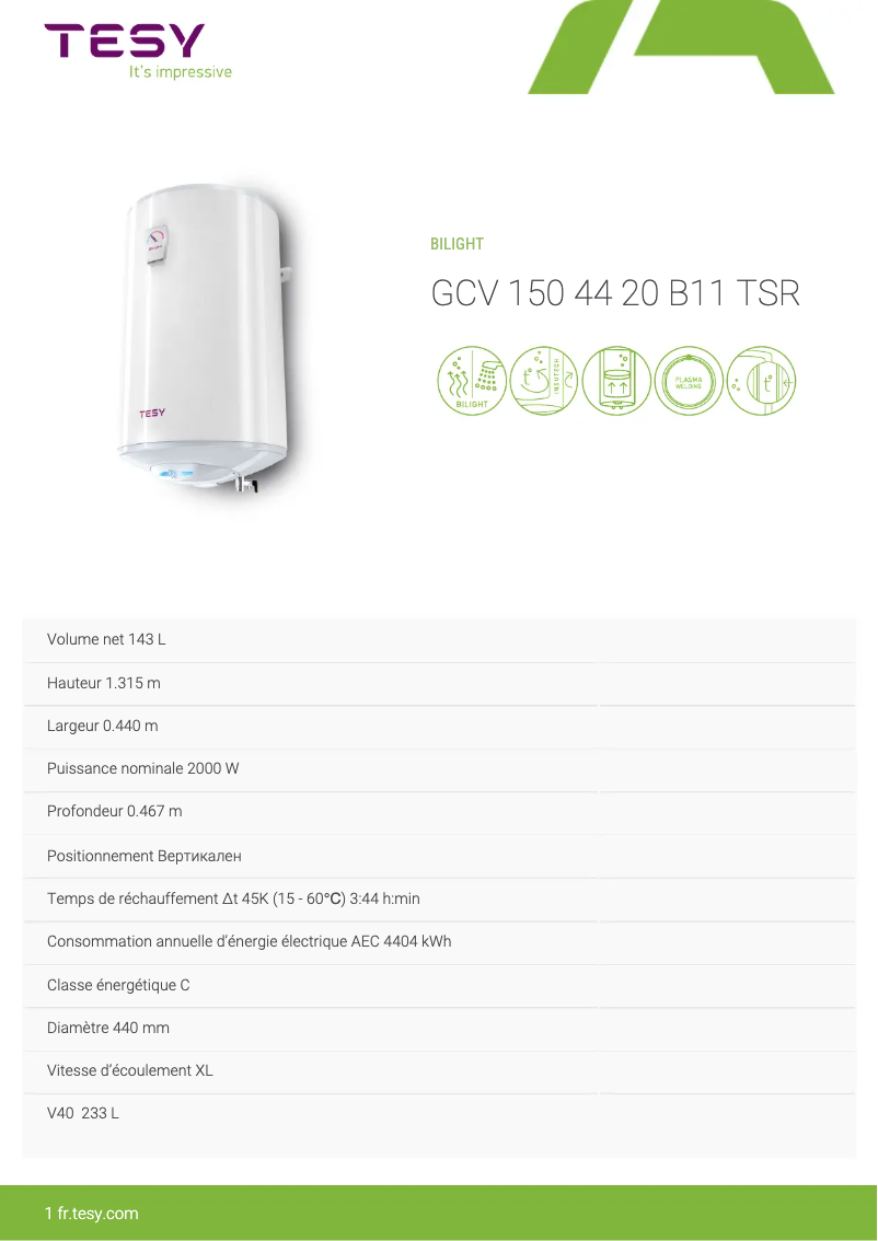 Page 1 of the manual Technical Sheet Tesy BiLight 150