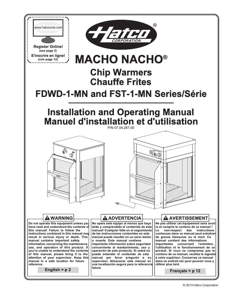 Page 1 de la notice Manuel utilisateur Hatco Macho Nacho FST-1-MN