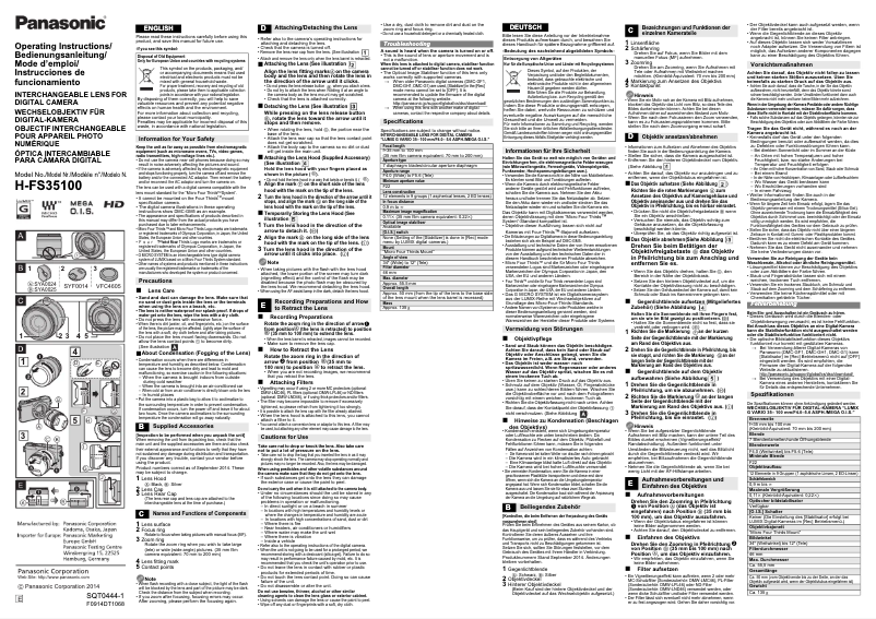 Page 1 de la notice Manuel utilisateur Panasonic H-FS35100