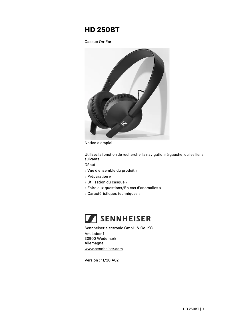 Page n°1 - Manuel utilisateur Sennheiser HD 250BT