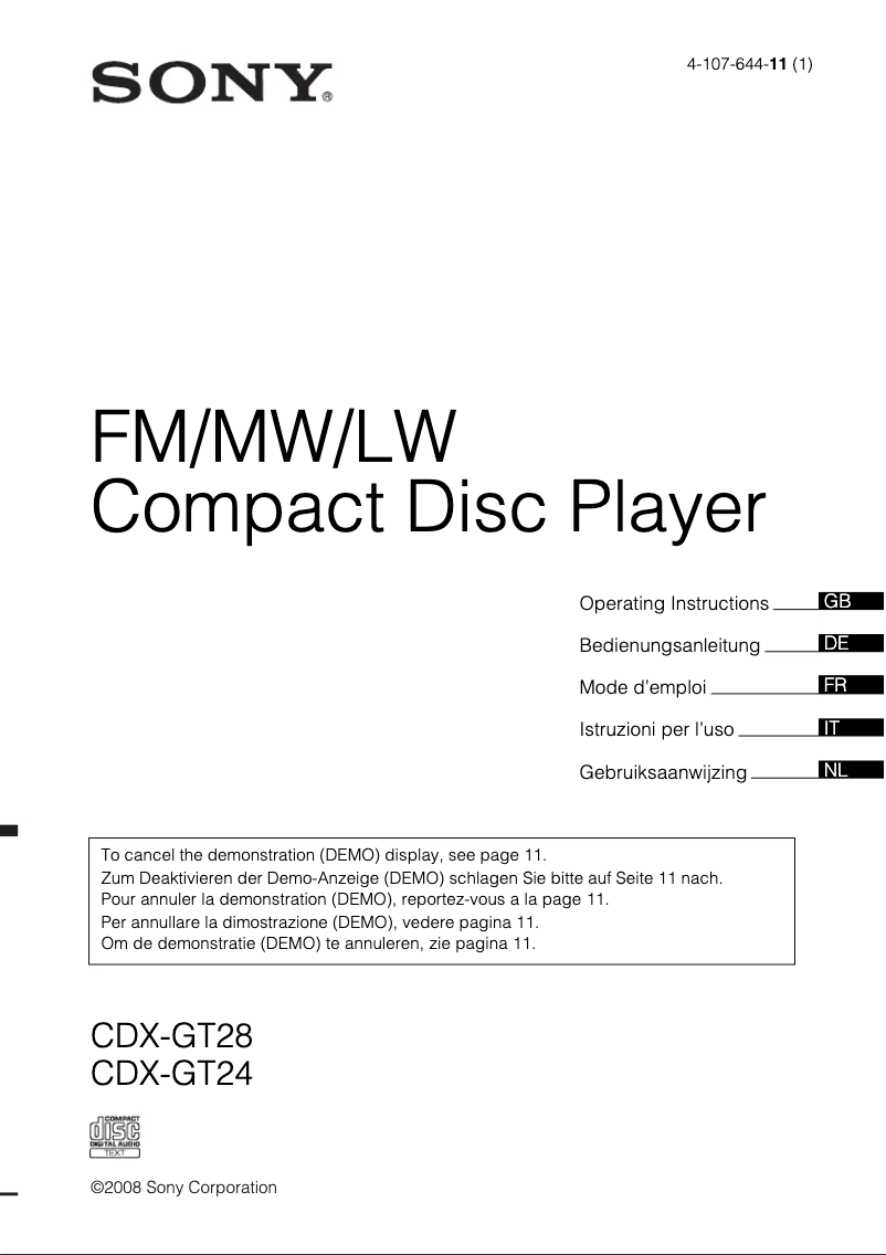 Page n°1 - Mode d'emploi Sony CDX-GT28