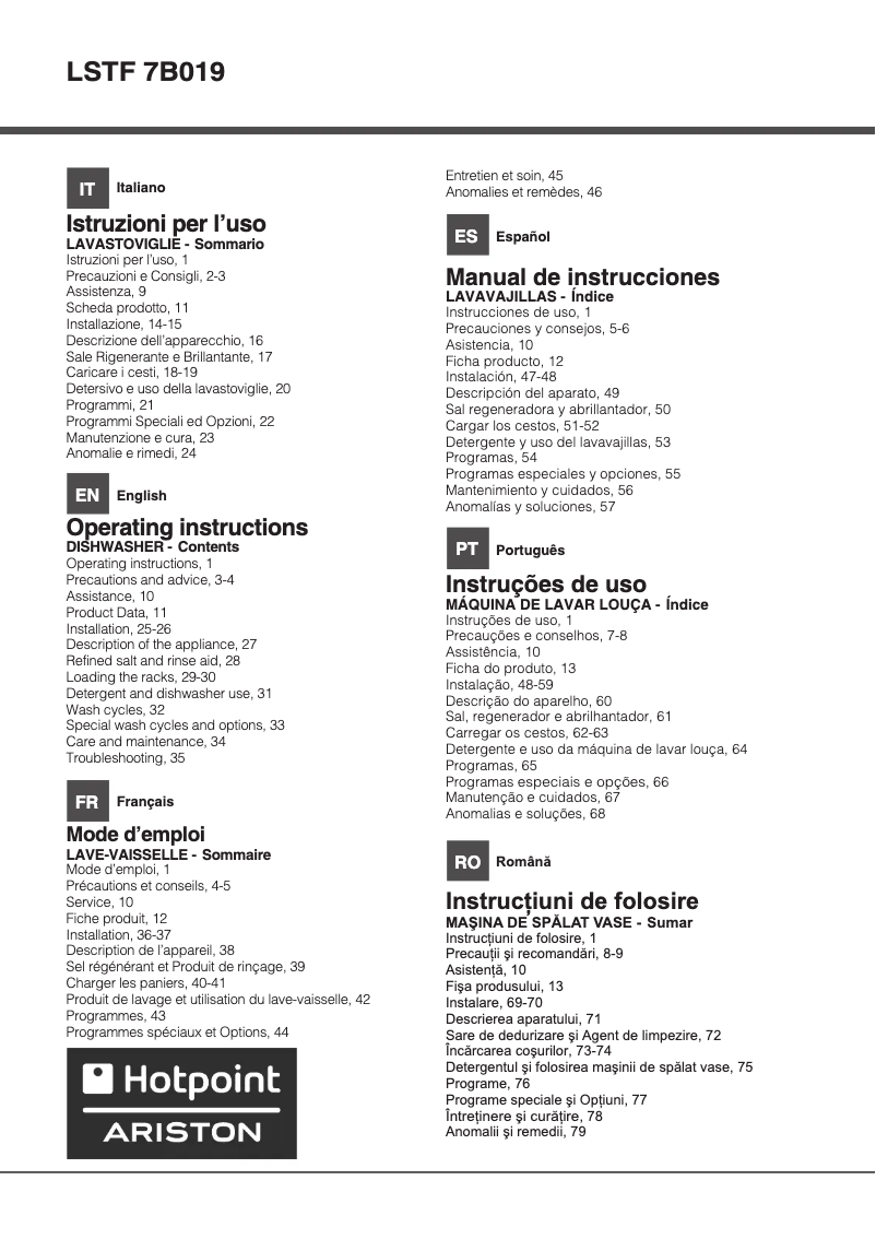 Page 1 de la notice Manuel utilisateur Hotpoint Ariston LSTF 7B019 EU