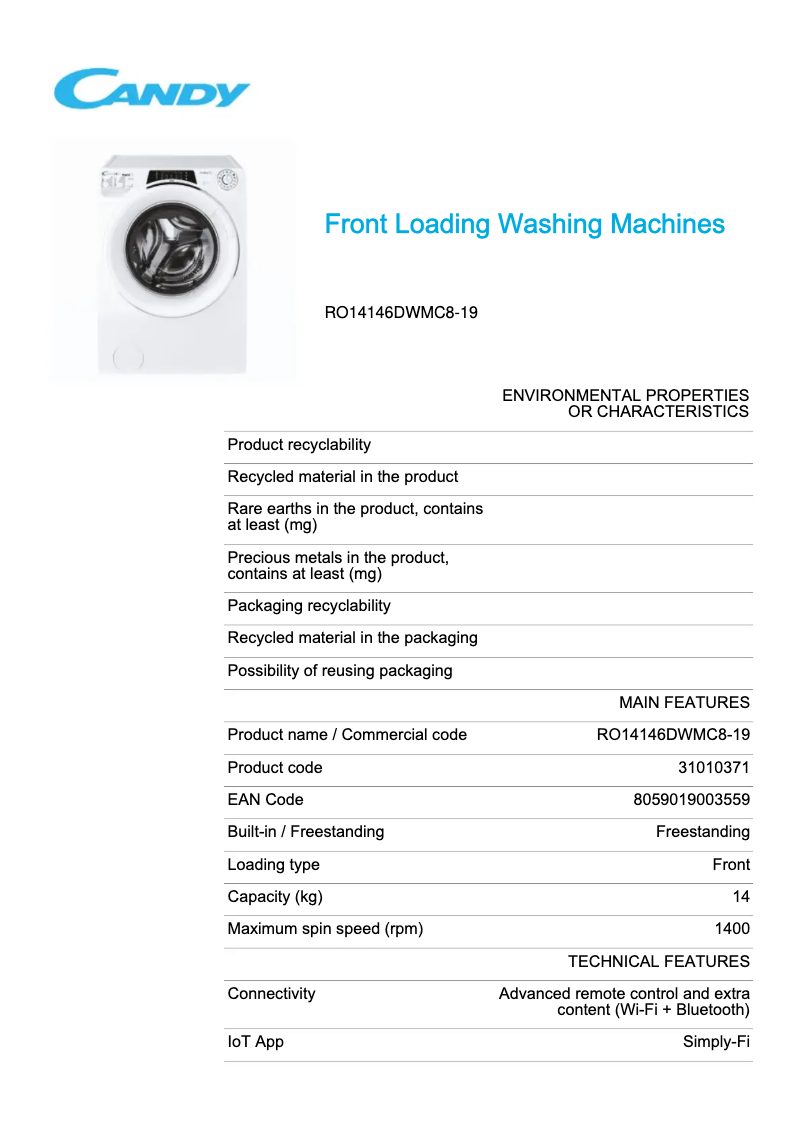 Page 1 de la notice Fiche technique Candy RO14146DWMC8-19