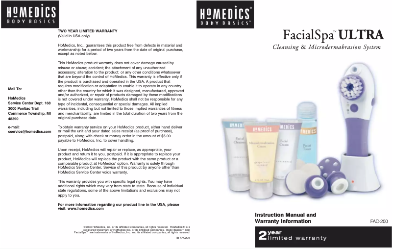 Page 1 de la notice Manuel utilisateur Homedics FAC-200