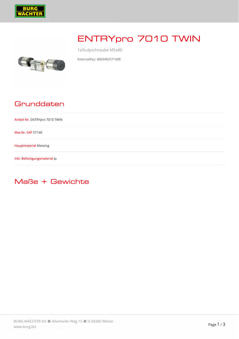Page 1 de la notice Fiche technique Burg Wächter ENTRYpro 7010 TWIN